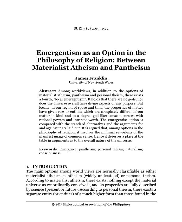 Emergentism As an Option in the Philosophy of Religion: Between Materialist Atheism and Pantheism