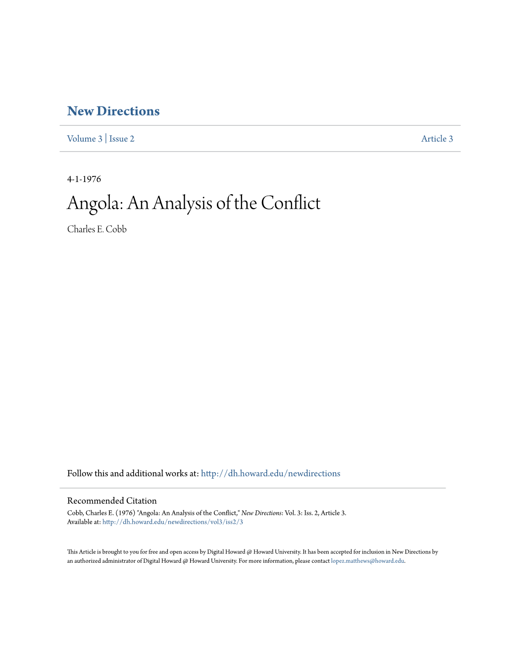 Angola: an Analysis of the Conflict Charles E