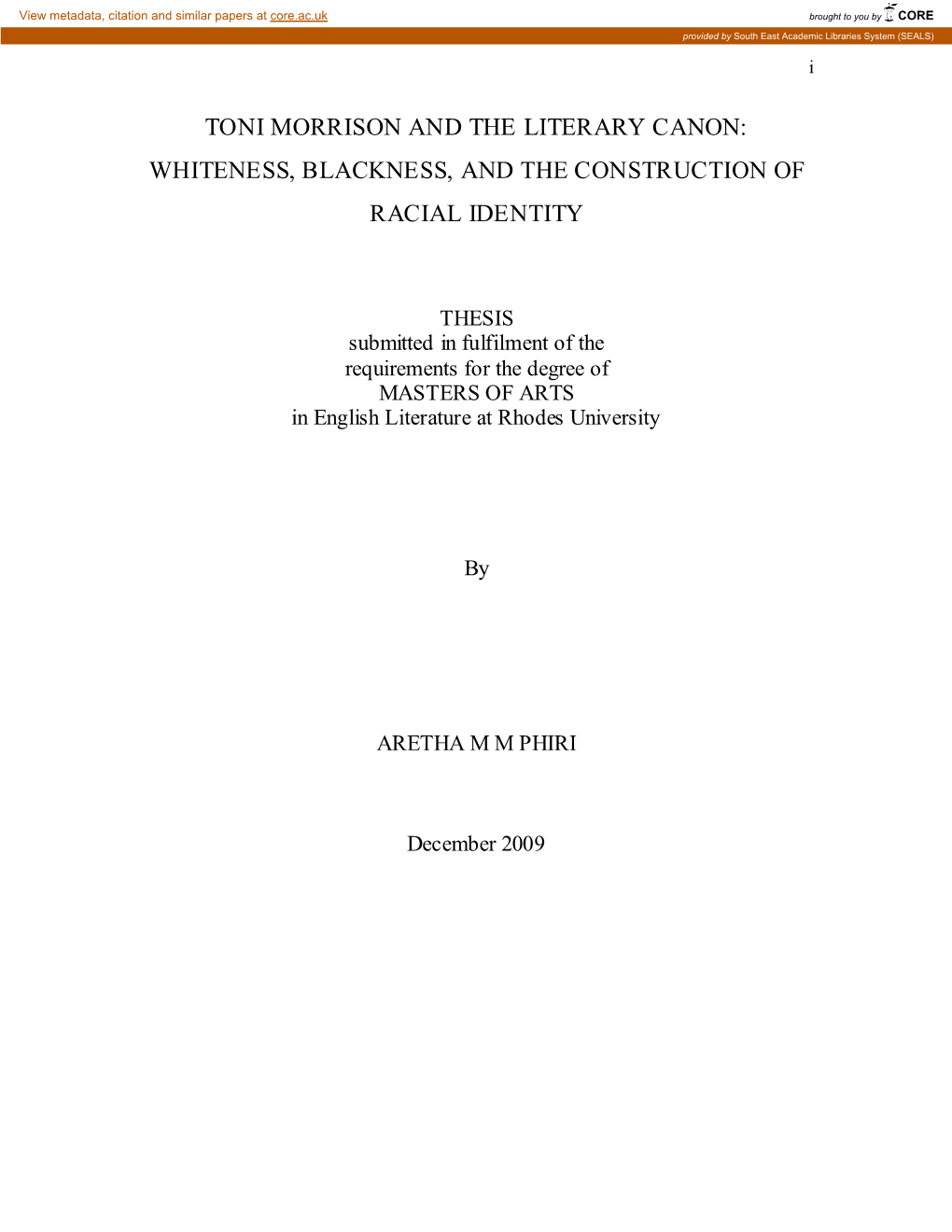 Toni Morrison and the Literary Canon: Whiteness, Blackness, and the Construction of Racial Identity