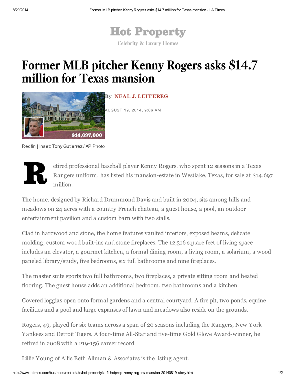 Former MLB Pitcher Kenny Rogers Asks $14.7 Million for Texas Mansion - LA Times