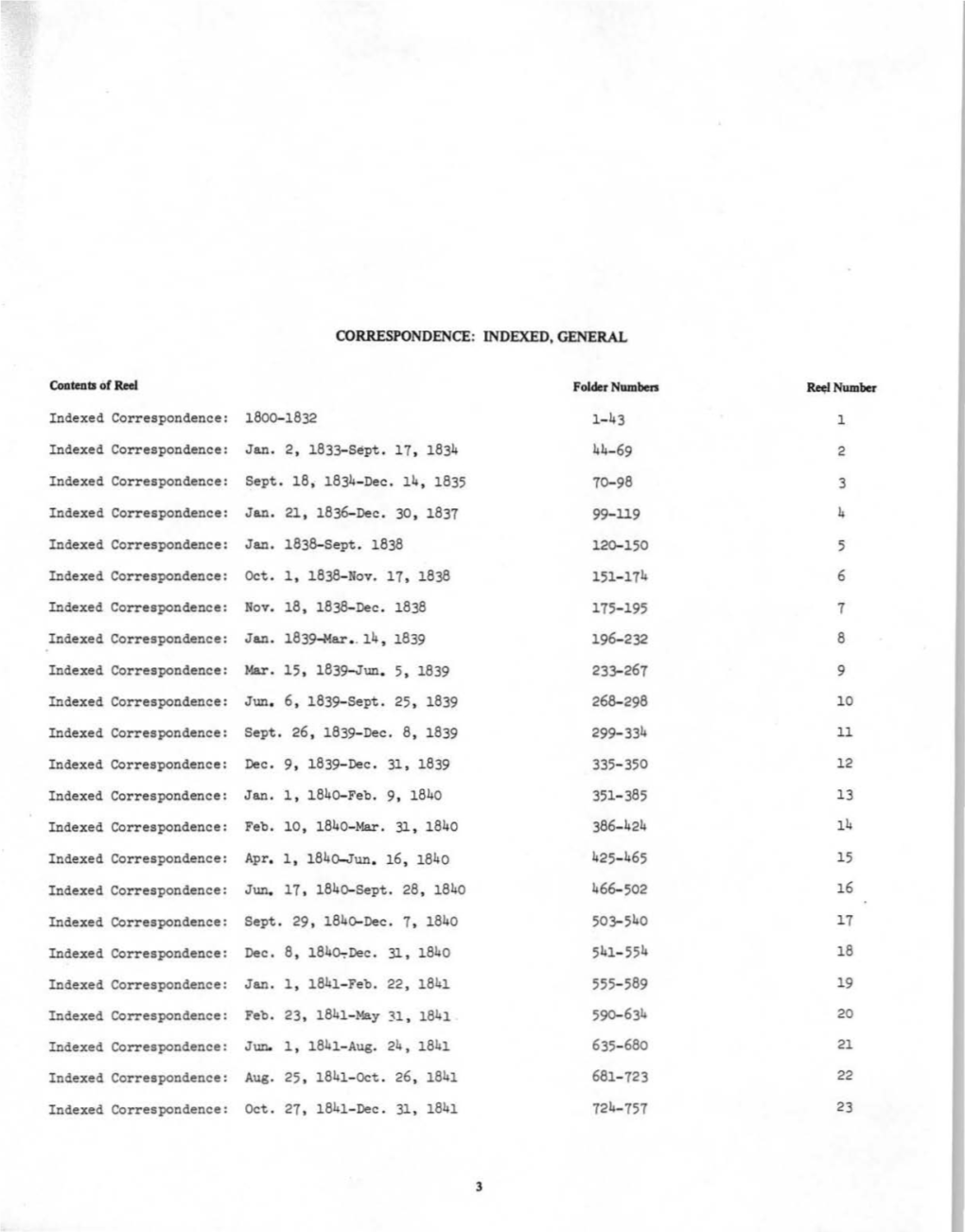 43 1 Indexed Correspondence: Jan. 2, 1833-Sept. 17, 1834 44- 69 2