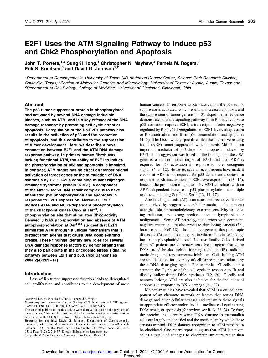 E2F1 Uses the ATM Signaling Pathway to Induce P53 and Chk2 Phosphorylation and Apoptosis