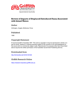 Review of Impacts of Displaced/Introduced Fauna Associated with Inland Waters