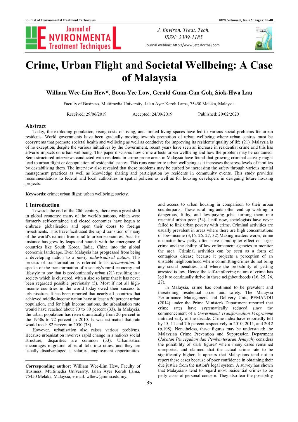 Crime, Urban Flight and Societal Wellbeing: a Case of Malaysia