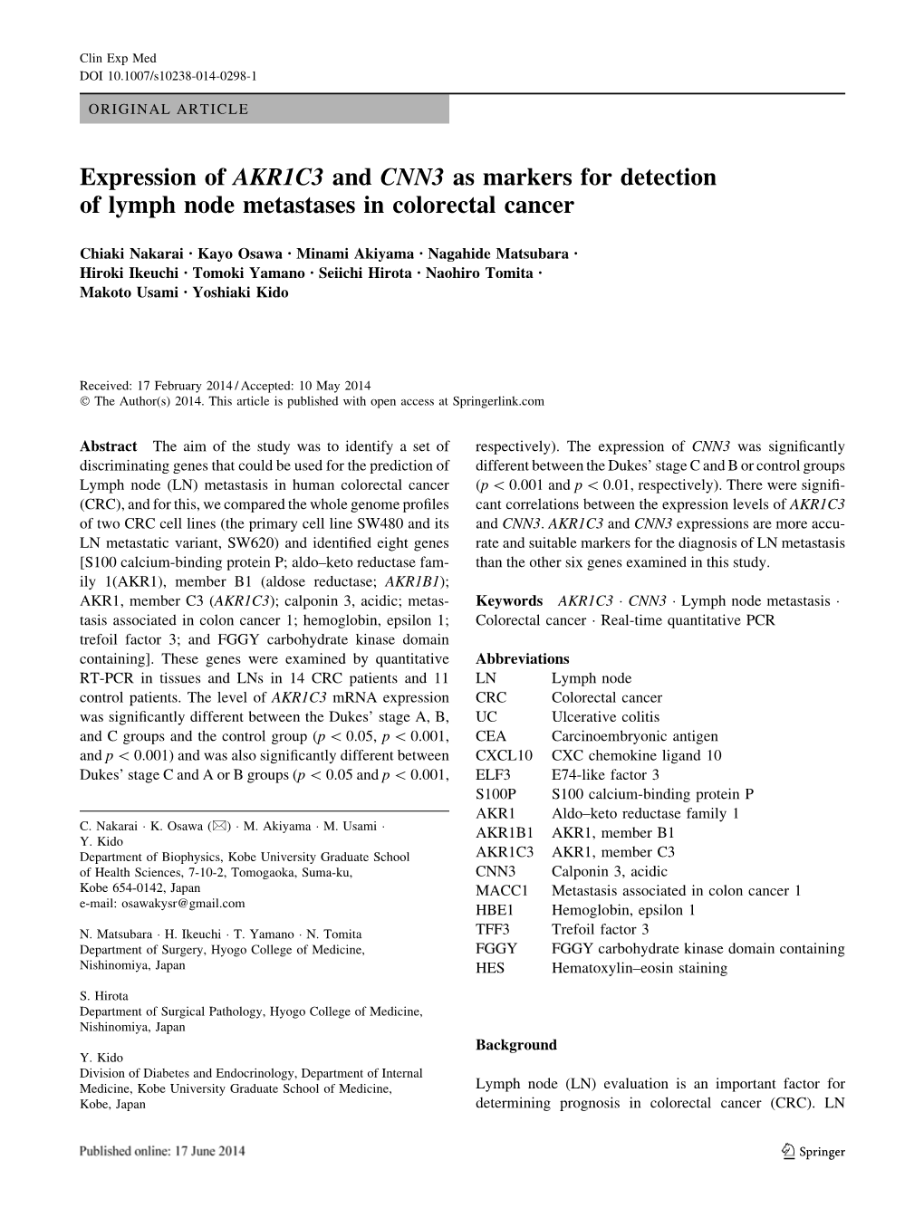 Expression of AKR1C3 and CNN3 As Markers for Detection of Lymph Node Metastases in Colorectal Cancer