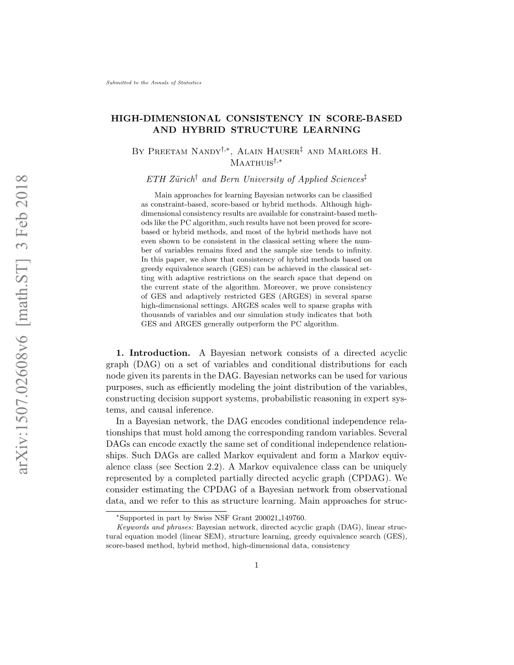 Arxiv:1507.02608V6 [Math.ST] 3 Feb 2018 Represented by a Completed Partially Directed Acyclic Graph (CPDAG)