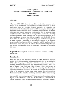 Saad Zaghloul Pro- Or Anti-Concession Extension of the Suez Canal 1909-1910 Rania Ali Maher