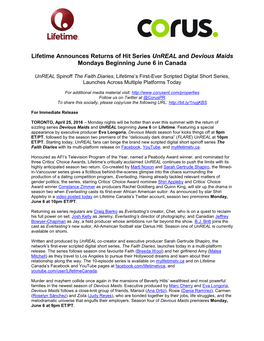 Lifetime Announces Returns of Hit Series Unreal and Devious Maids Mondays Beginning June 6 in Canada