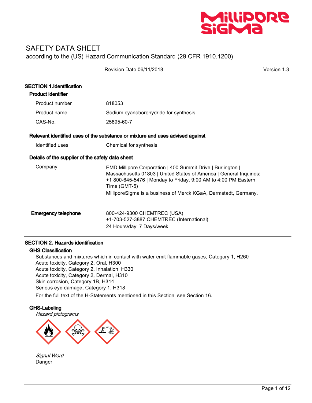 SECTION 1.Identification Product Identifier Product Number 818053 Product Name Sodium Cyanoborohydride for Synthesis CAS-No