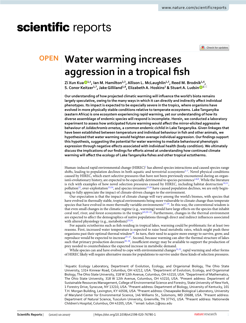 Water Warming Increases Aggression in a Tropical Fish