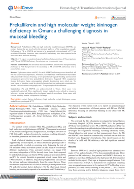 Prekallikrein and High Molecular Weight Kininogen Deficiency in Oman: a Challenging Diagnosis in Mucosal Bleeding