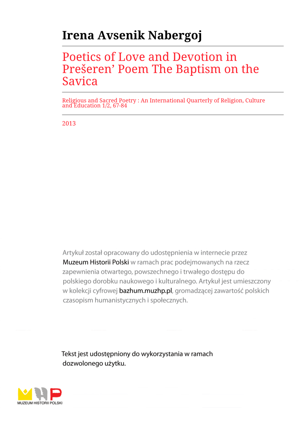 Irena Avsenik Nabergoj Poetics of Love and Devotion in Prešeren’ Poem the Baptism on the Savica