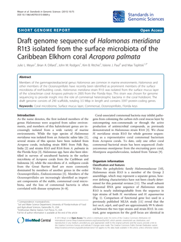 Draft Genome Sequence of Halomonas Meridiana R1t3 Isolated from the Surface Microbiota of the Caribbean Elkhorn Coral Acropora Palmata Julie L