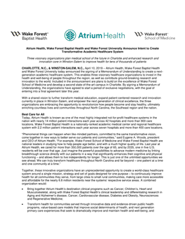 Atrium Health, Wake Forest Baptist Health and Wake Forest University Announce Intent to Create Transformative Academic Healthcare System