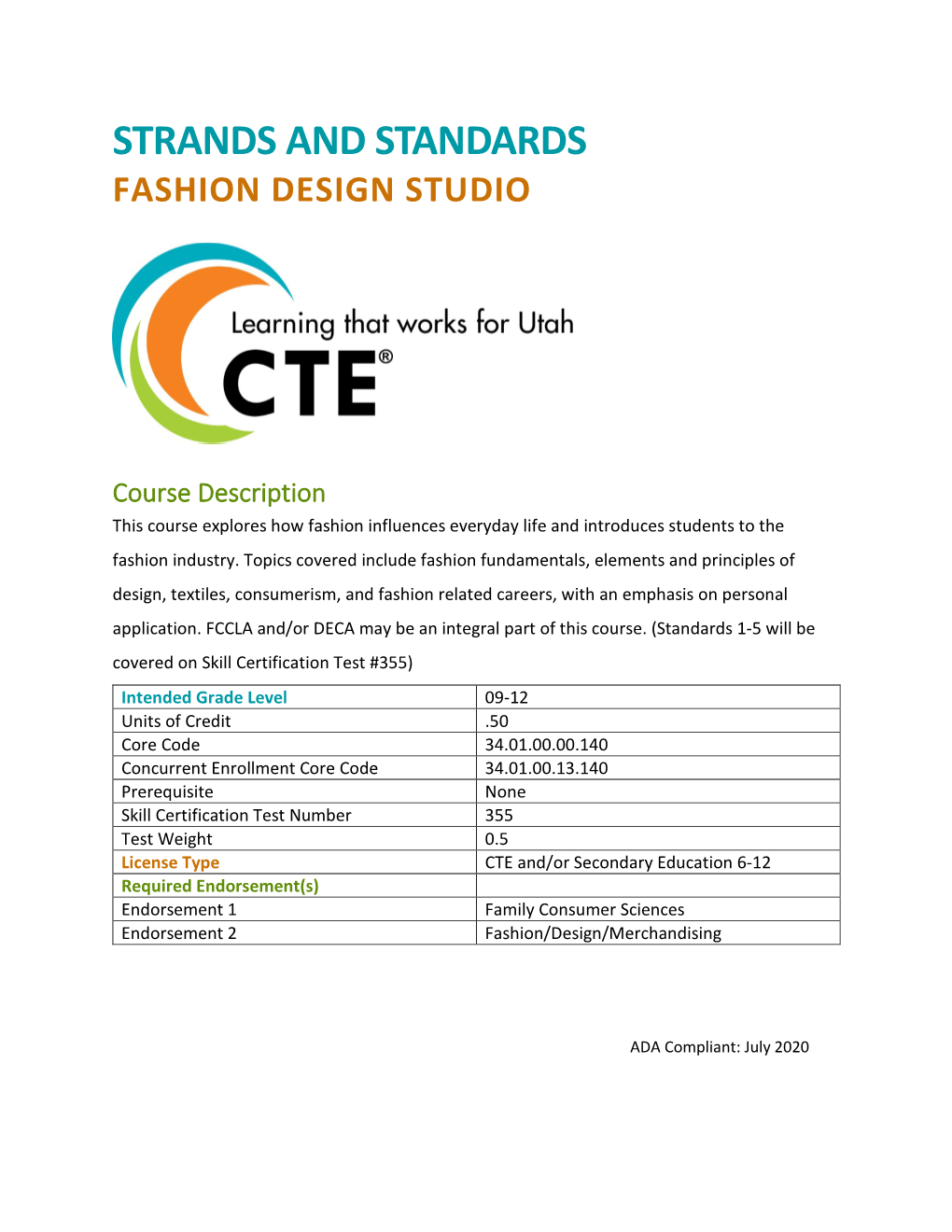 Fashion Design Studio Strands and Standards