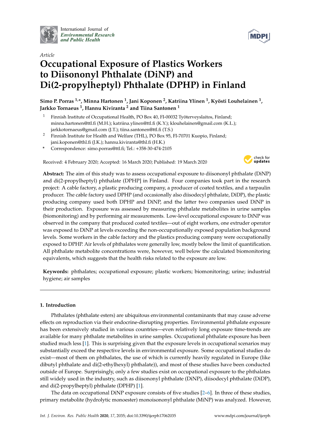 (Dinp) and Di(2-Propylheptyl) Phthalate (DPHP) in Finland