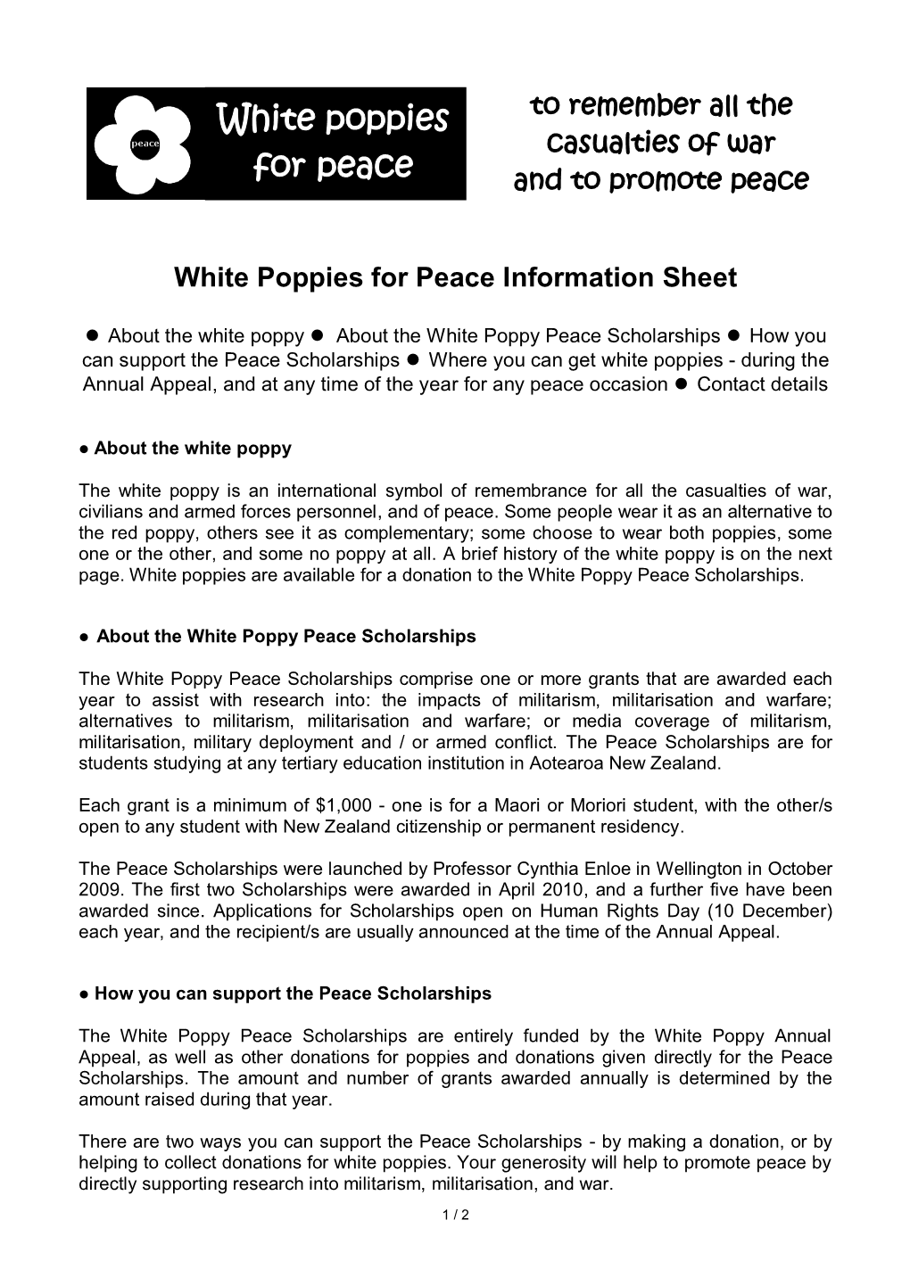 White Poppies for Peace Information Sheet