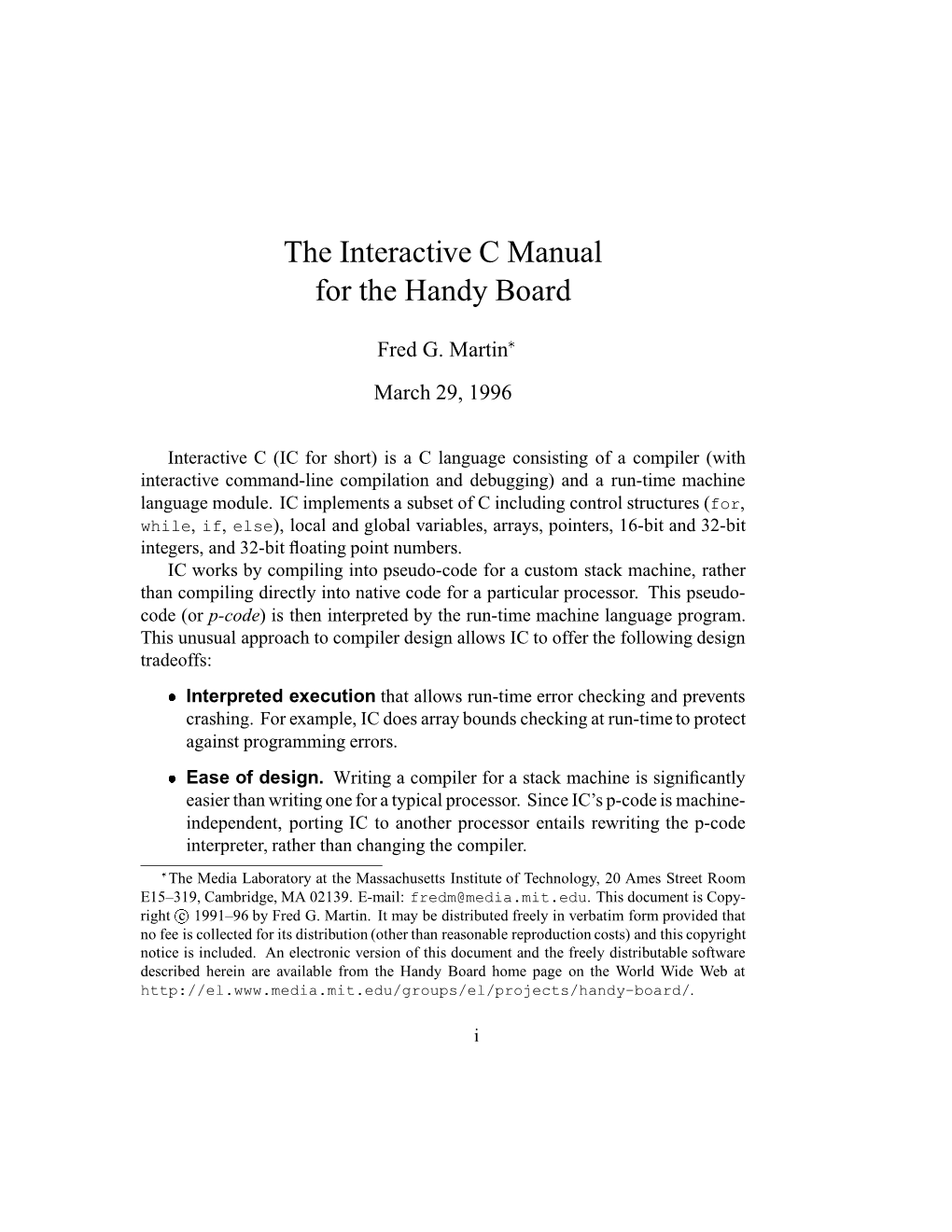 The Interactive C Manual for the Handy Board