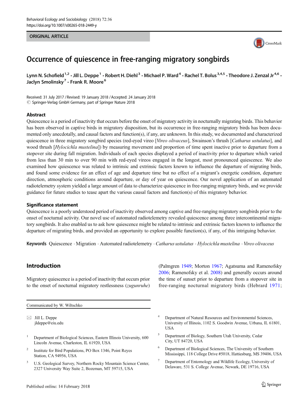 Occurrence of Quiescence in Free-Ranging Migratory Songbirds