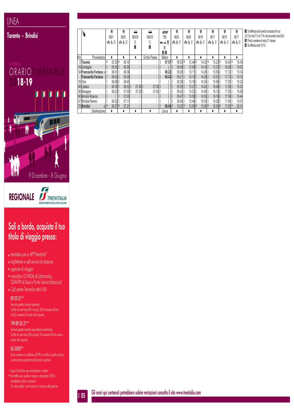 Taranto - Brindisi + 3601 3603 56005 56003 765 3605 3609 3619 3611 3615 3617 22/12 E Dal 7/1 Al 17/4; Nei Lavorativi Dal 26/4