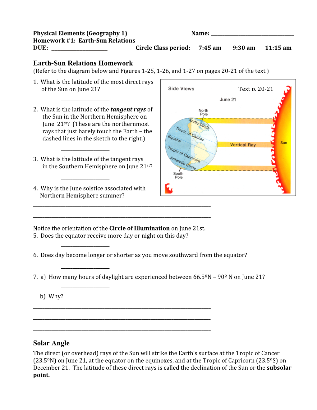 Earth-Sun Relations Homework Solar Angle