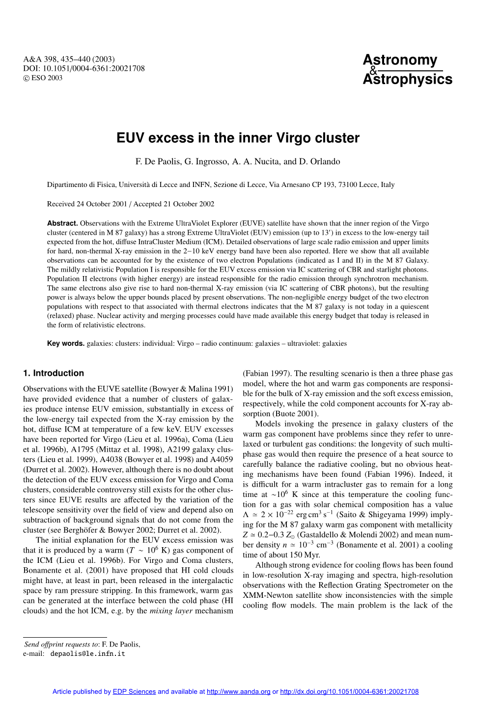 EUV Excess in the Inner Virgo Cluster