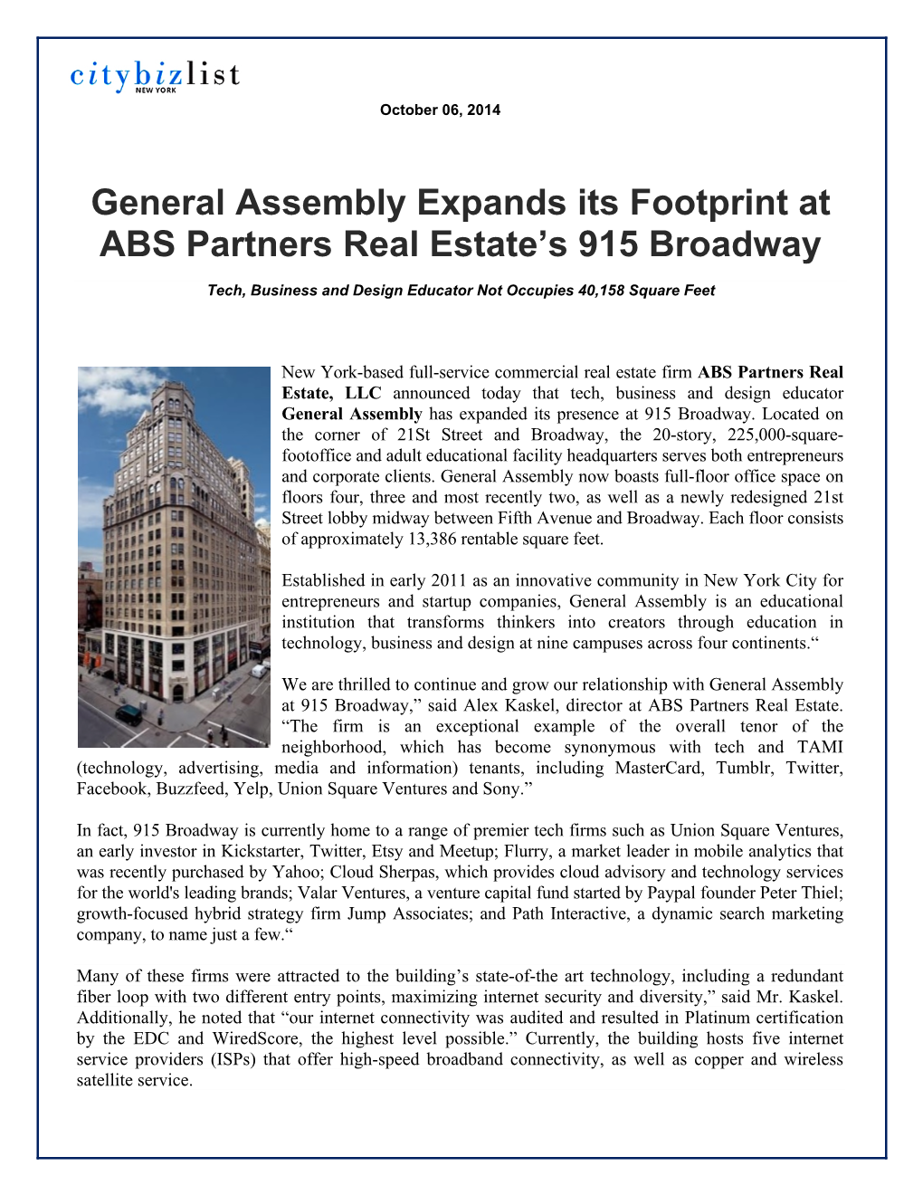 General Assembly Expands Its Footprint at ABS Partners Real Estate’S 915 Broadway