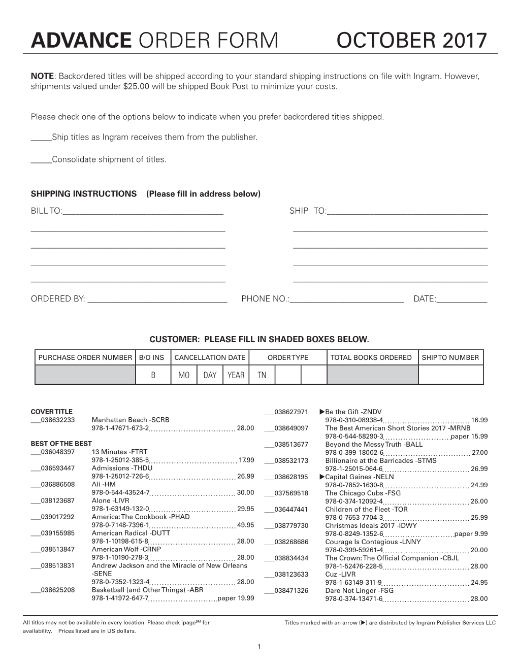 Advance Order Form October 2017