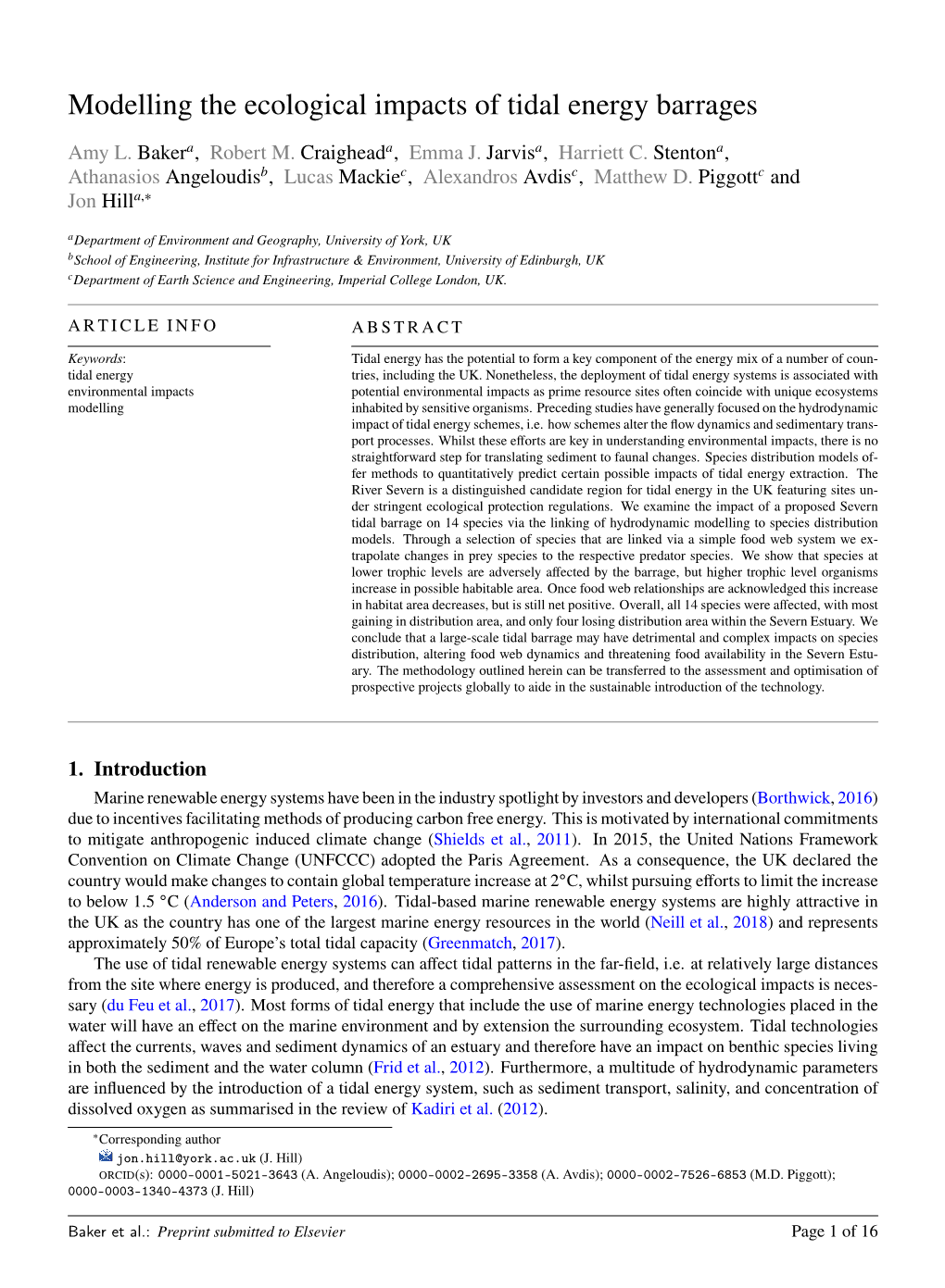 Modelling the Ecological Impacts of Tidal Energy Barrages a a a a Amy L