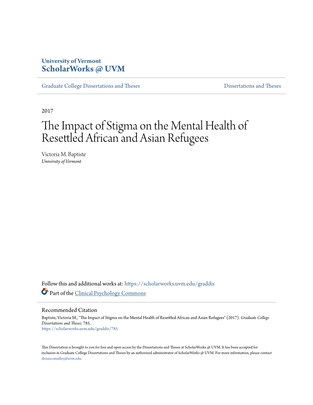 The Impact of Stigma on the Mental Health of Resettled African and Asian Refugees