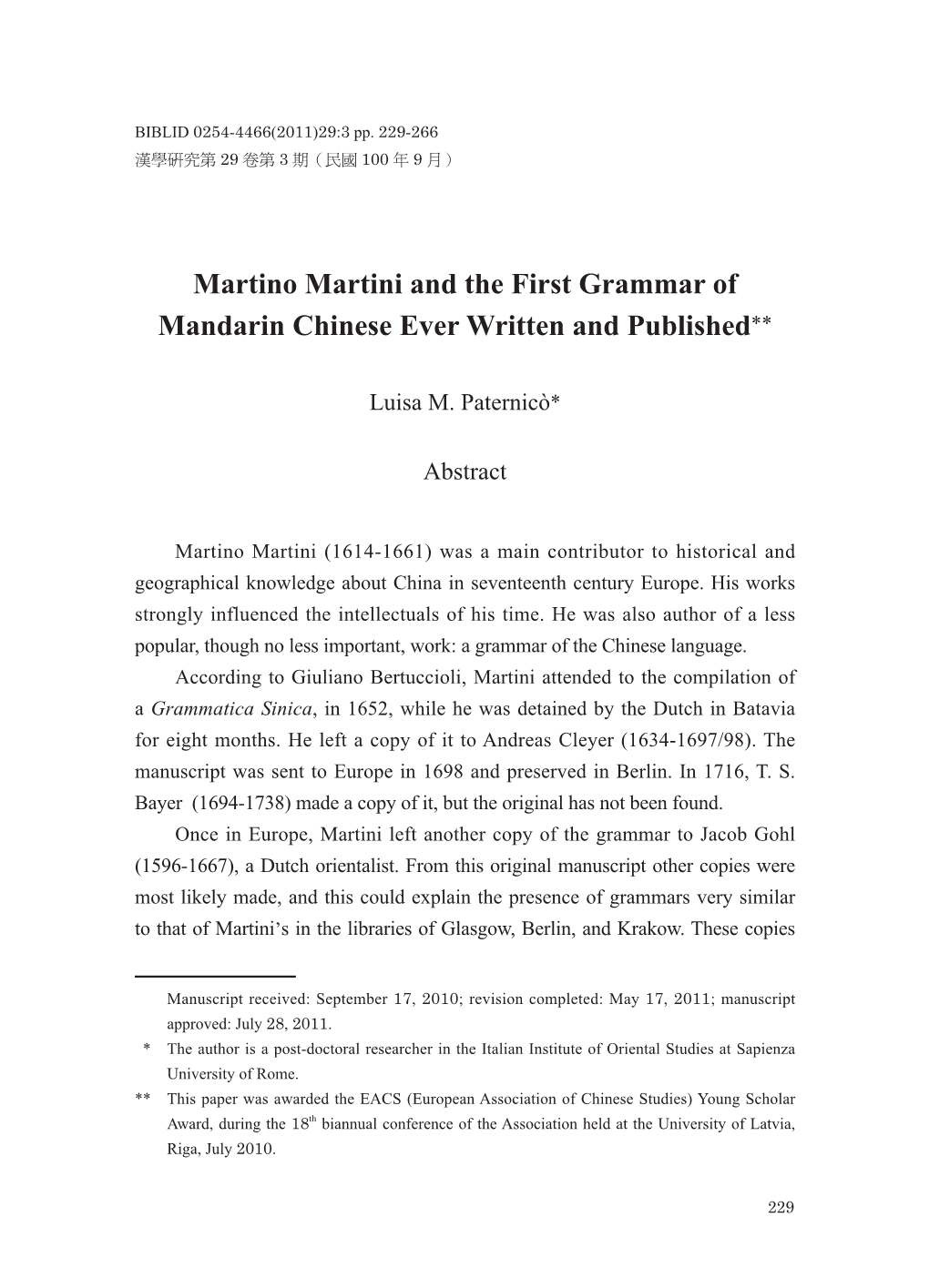 Martino Martini and the First Grammar of Mandarin Chinese Ever Written and Published**