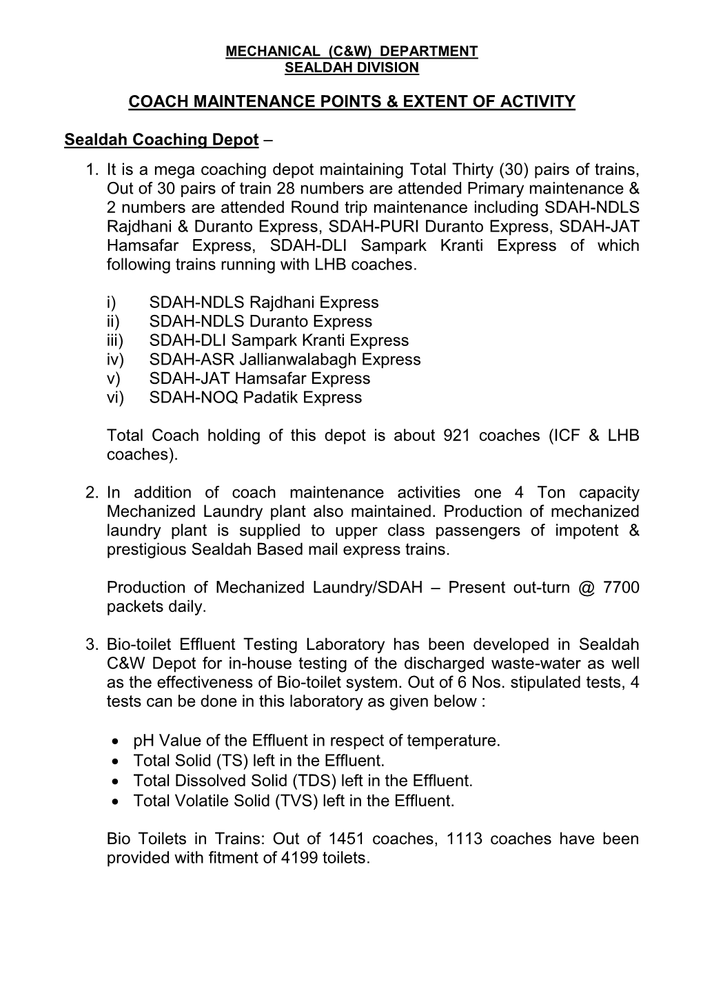 Coach Maintenance Points & Extent of Activity