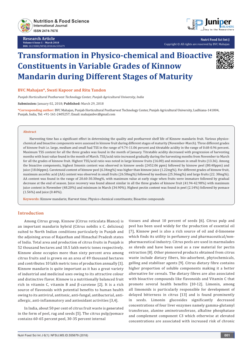 Transformation in Physico-Chemical and Bioactive Constituents in Variable Grades of Kinnow Mandarin During Different Stages of Maturity