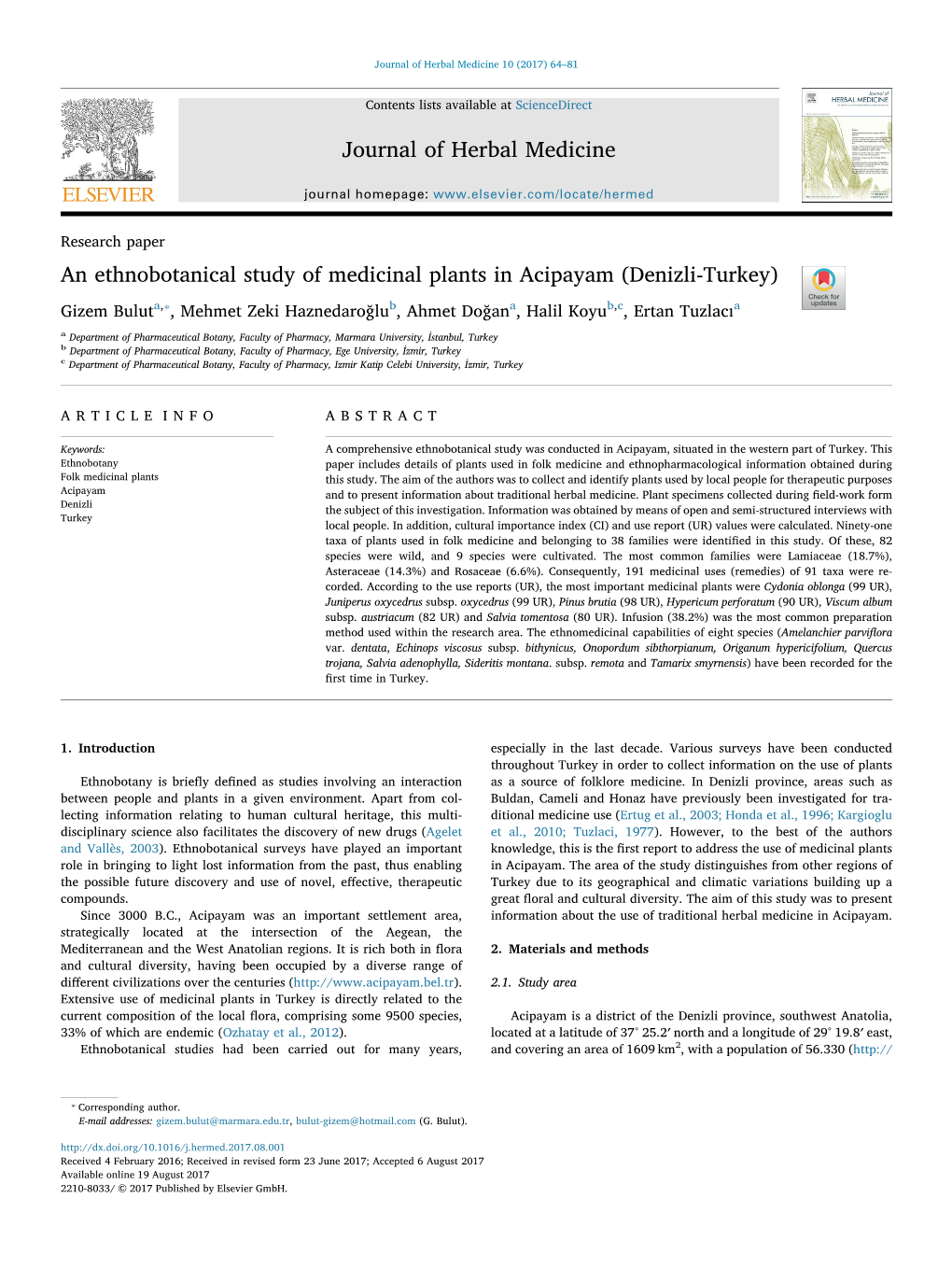 An Ethnobotanical Study of Medicinal Plants in Acipayam (Denizli-Turkey)