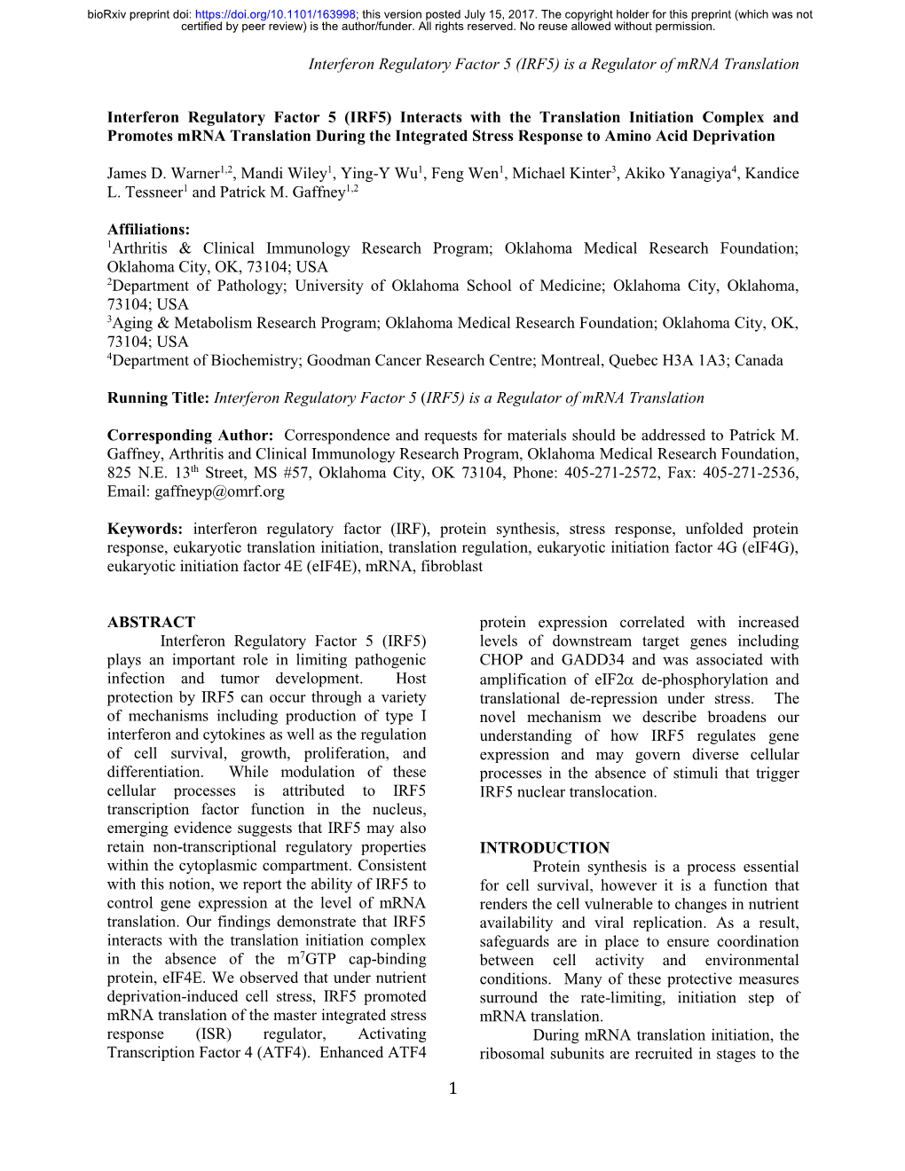 Interferon Regulatory Factor 5 (IRF5) Is a Regulator of Mrna Translation