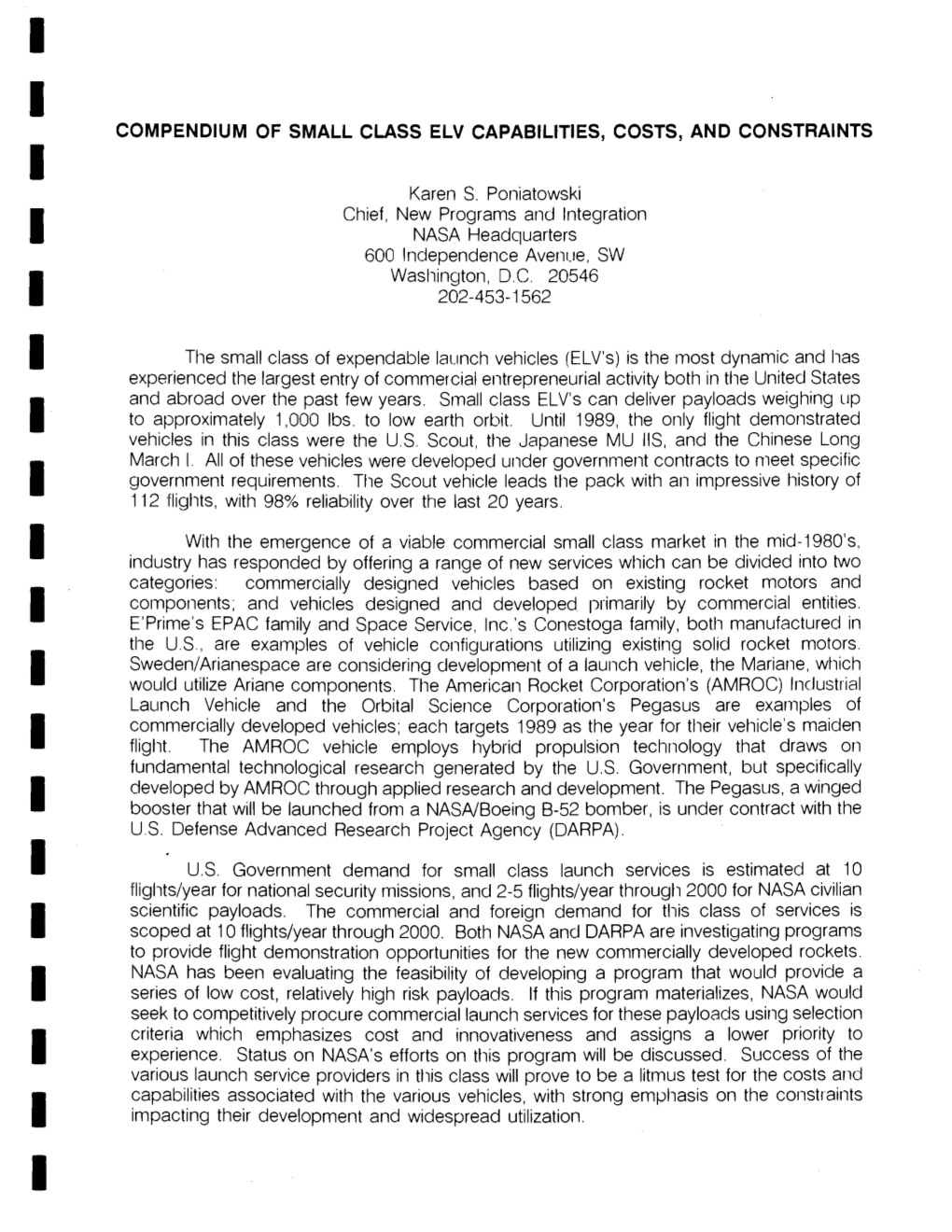 COMPENDIUM of SMALL CLASS ELV CAPABILITIES, COSTS, and CONSTRAINTS I Karen S