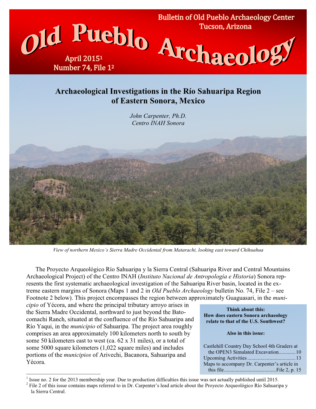 Archaeological Investigations in the Rio Sahuaripa Region of Eastern