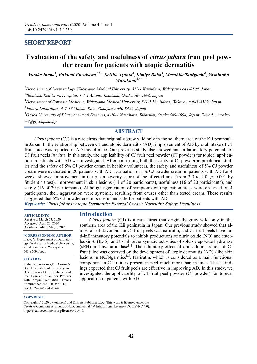 Evaluation of the Safety and Usefulness of Citrus Jabara Fruit Peel