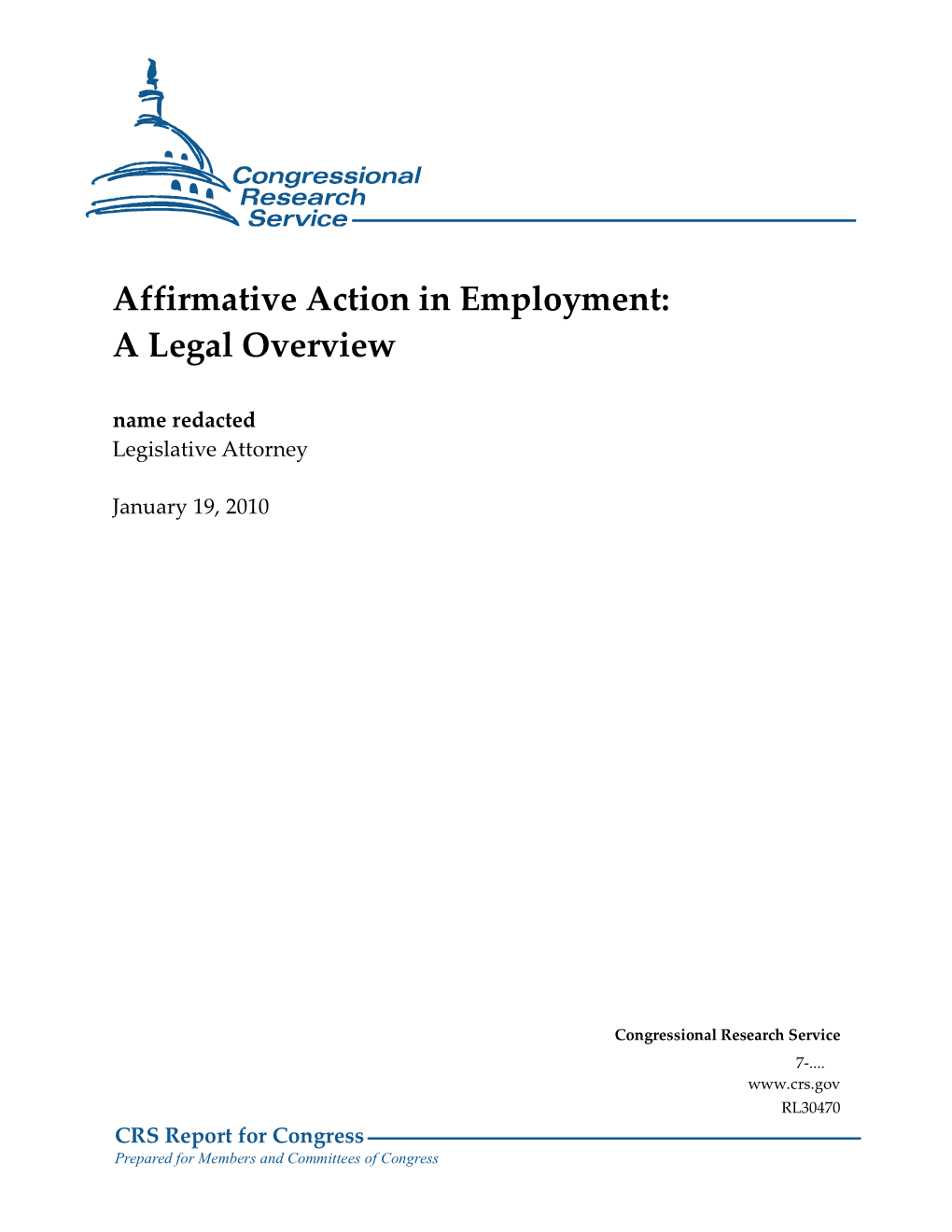 Affirmative Action in Employment: a Legal Overview Name Redacted Legislative Attorney