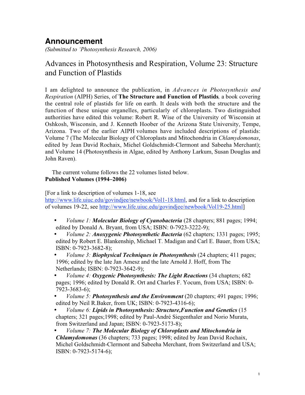 Announcement Advances in Photosynthesis and Respiration