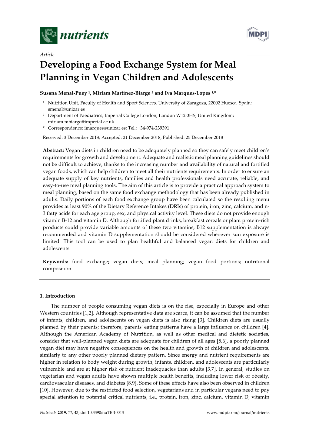 Developing a Food Exchange System for Meal Planning in Vegan Children and Adolescents