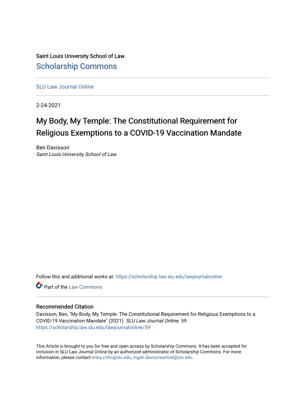 The Constitutional Requirement for Religious Exemptions to a COVID-19 Vaccination Mandate