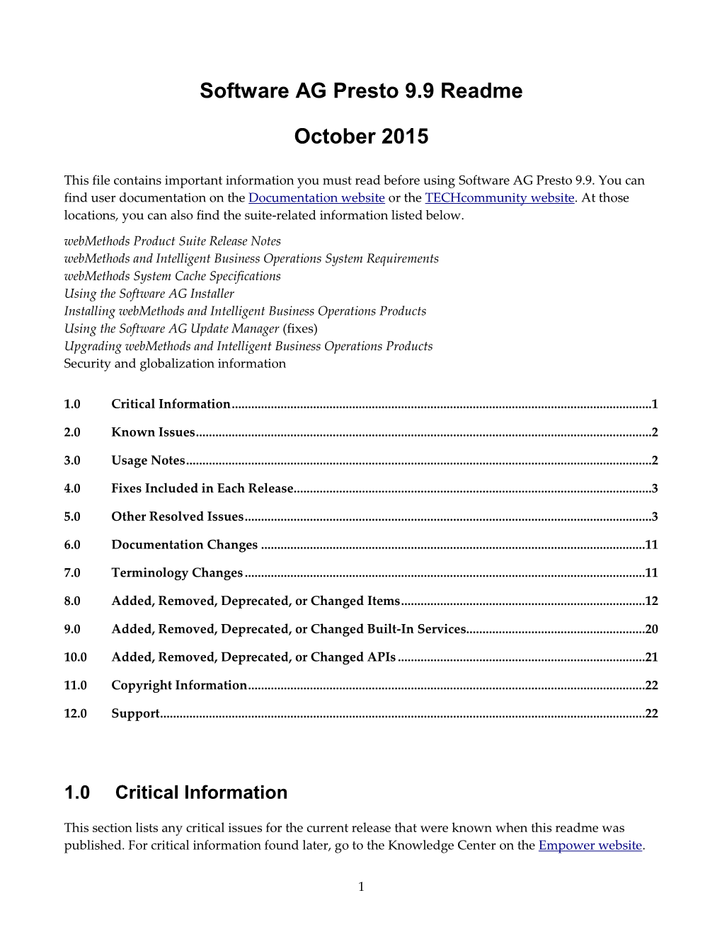 Software AG Presto 9.9 Readme