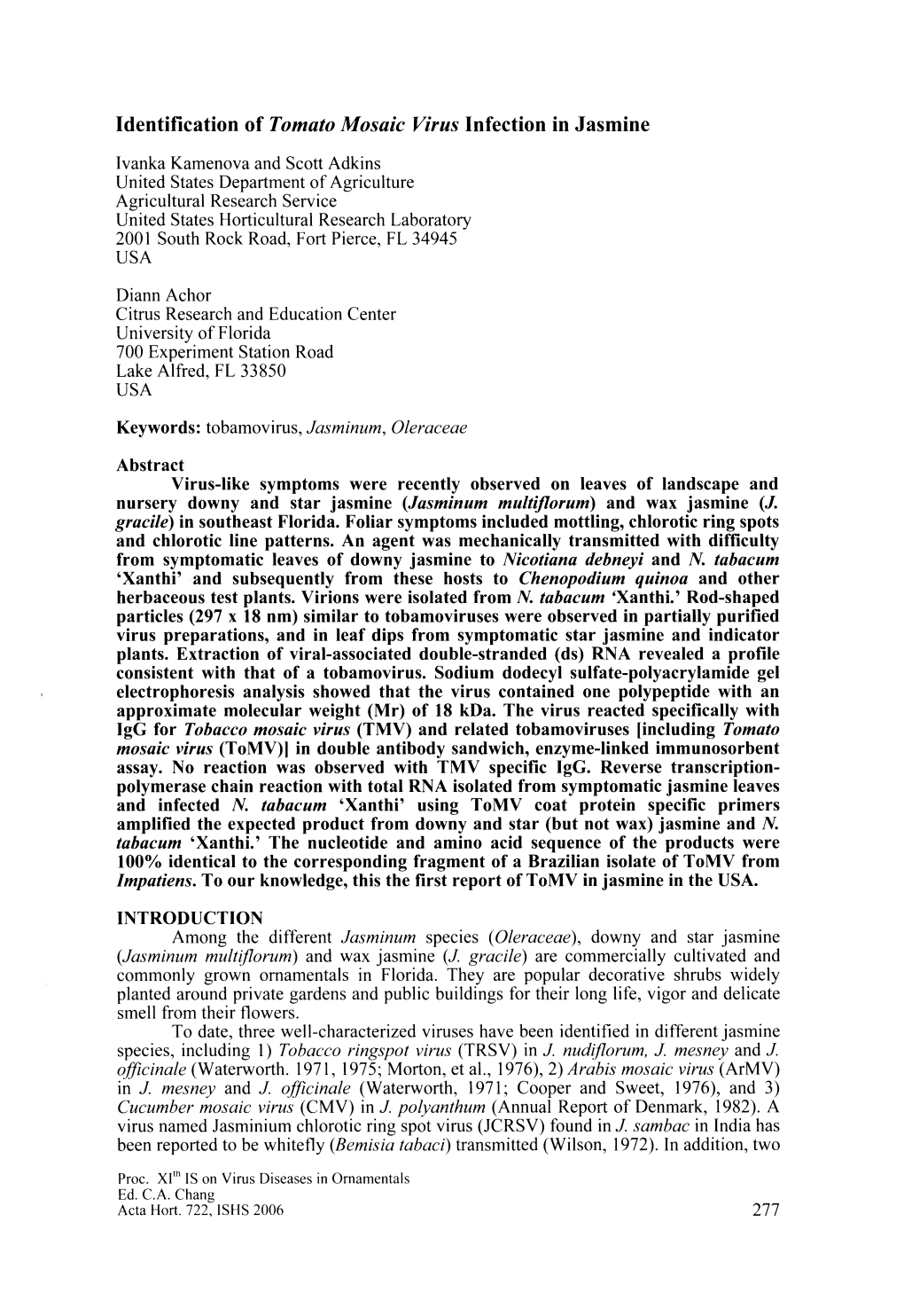 Identification of Tomato Mosaic Virus Infection in Jasmine