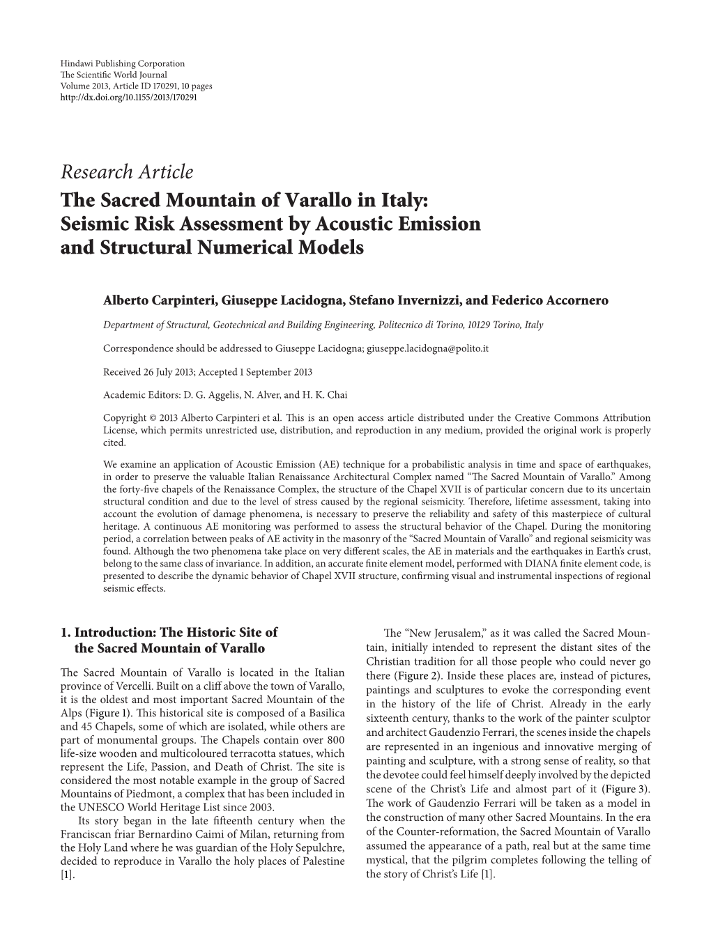 The Sacred Mountain of Varallo in Italy: Seismic Risk Assessment by Acoustic Emission and Structural Numerical Models