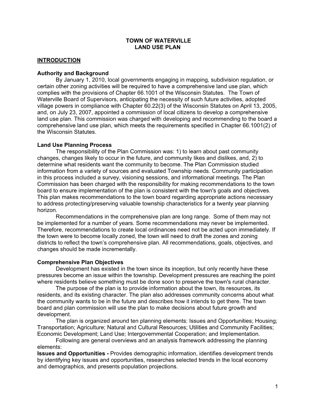 1 TOWN of WATERVILLE LAND USE PLAN INTRODUCTION Authority