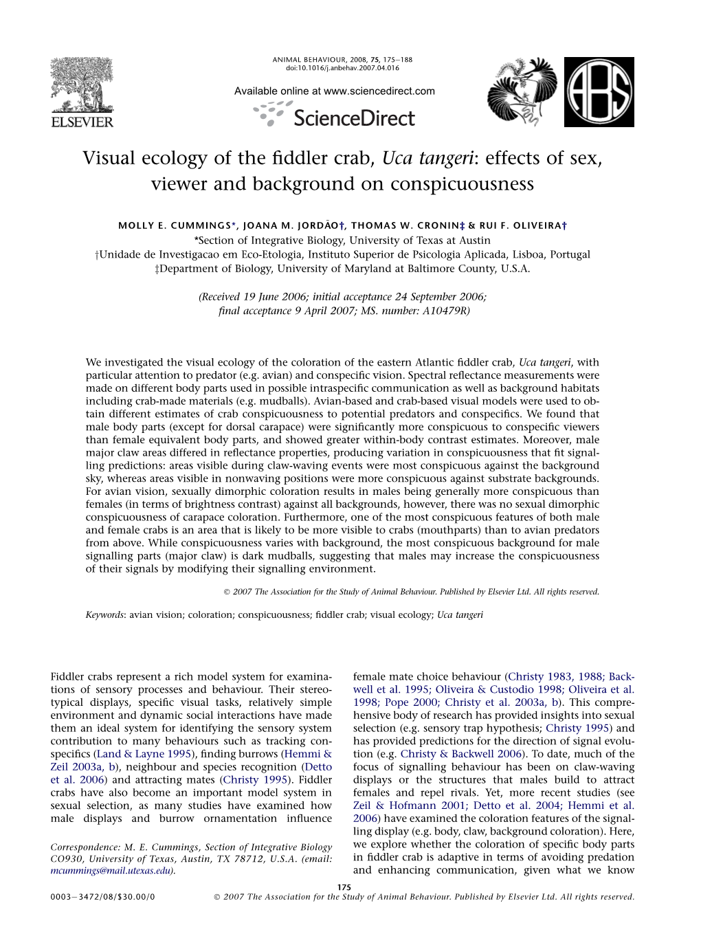 Visual Ecology of the Fiddler Crab, Uca Tangeri