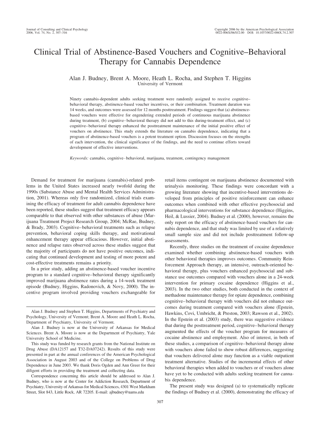 Clinical Trial of Abstinence-Based Vouchers and Cognitive–Behavioral Therapy for Cannabis Dependence