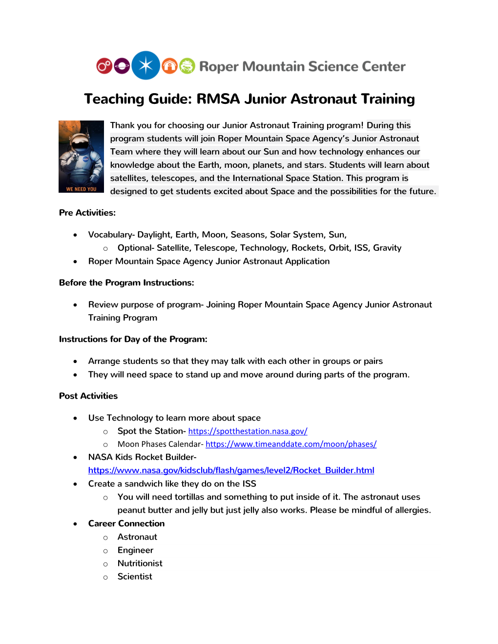 Teaching Guide: RMSA Junior Astronaut Training