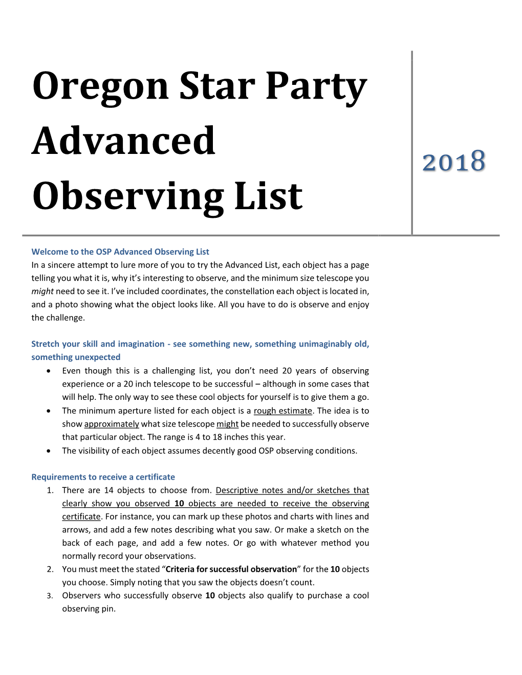Oregon Star Party Advanced Observing List